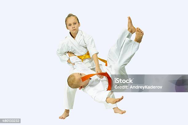 Two Children Performs Judo Throws Stock Photo - Download Image Now - 2015, Activity, Belt