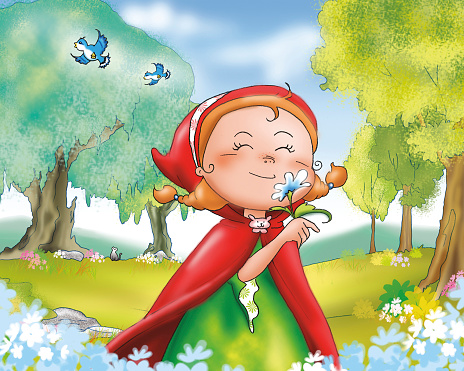 Little Red Riding Hood smelling blue flowers in the wood. Digital illustration for children.