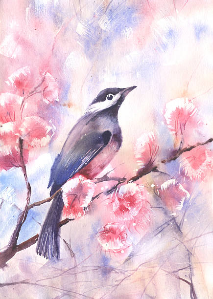 istock Water color drawing of a bird on a branch 480136986