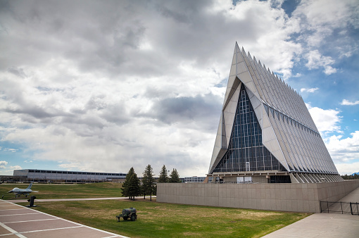 Colorado Springs, USA - April 28, 2014: United States Air Force Academy Cadet Chapel in Colorado Springs, Colorado. It's a military academy for officer candidates for the United States Air Force
