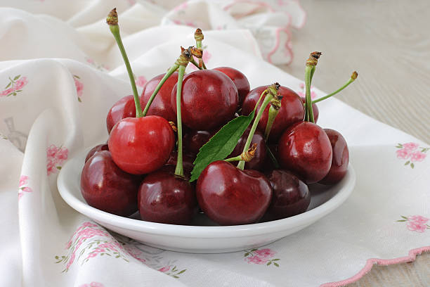 istock plate of ripe cherries on the table with a napkin 480140243