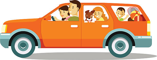 Happy family traveling by car Family in a red car traveling together. Illustration in flat style family in car stock illustrations