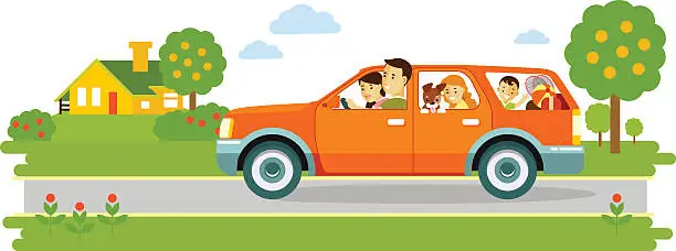 Vector illustration of Happy family traveling by car on natur background