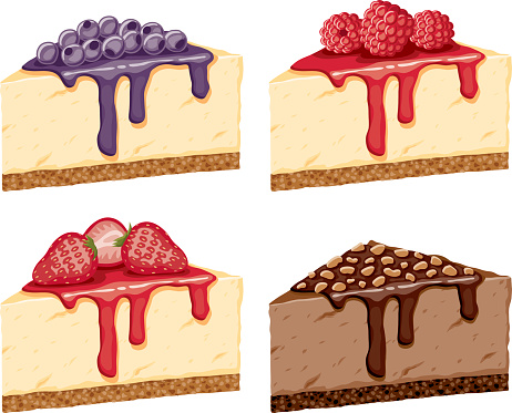 A set of tall slices of cheesecakes topped with fresh berries and sauce. The crusts are made of crushed graham wafers. Download includes an AI10 EPS file (CMYK) as well as a high resolution JPEG file, 4000 pixels wide (RGB). Shapes are grouped and global color swatches were used.