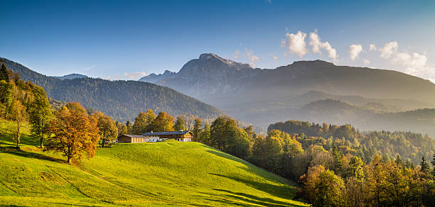 idyllische herbstliche landschaft mit bauernhof haus in den alpen - european alps germany landscaped spring stock-fotos und bilder