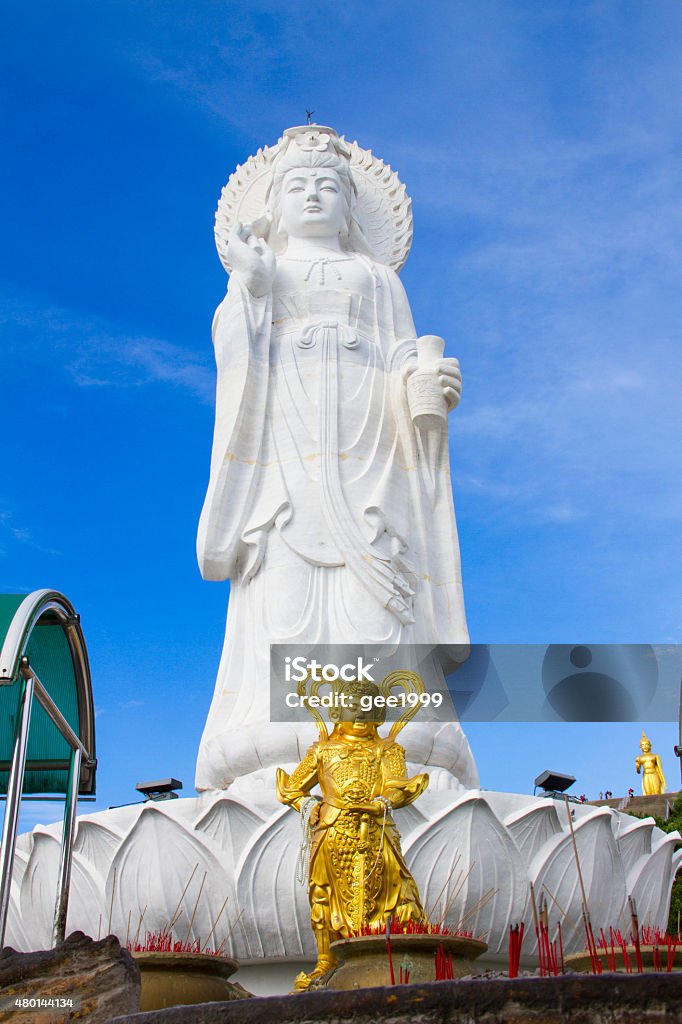 Park Guanyin The white jade bodhisattva guan yin pavillion; The most beautiful statue of chaste, the best in southem Thailand. Ghost Stock Photo