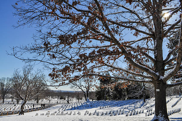 cemitério de arlington com neve coberta - arlington national cemetery virginia cemetery american flag - fotografias e filmes do acervo