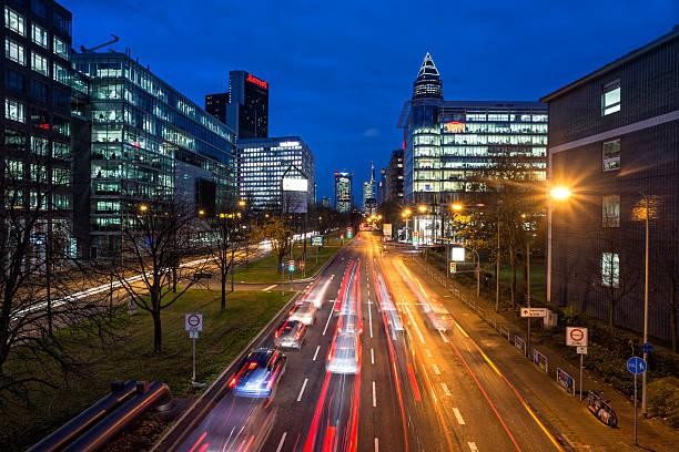 Frankfurt am Main, Messe Tower, downtown at dusk, Germany