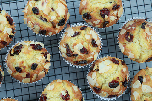 Dried Cranberry and almond muffins on cooling rack