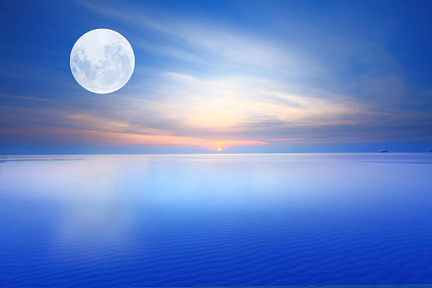 Surreal full moon over sunsrise blue sea and sky ,Long exposure technique