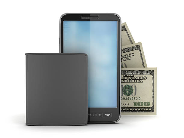 Cellular phone, bank notes and leather wallet stock photo