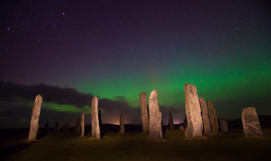 An amazing natural phenomena, with this historic place of worship set against the backdrop of the Northern Lights in the night sky of Lewis, Outer Hebridies