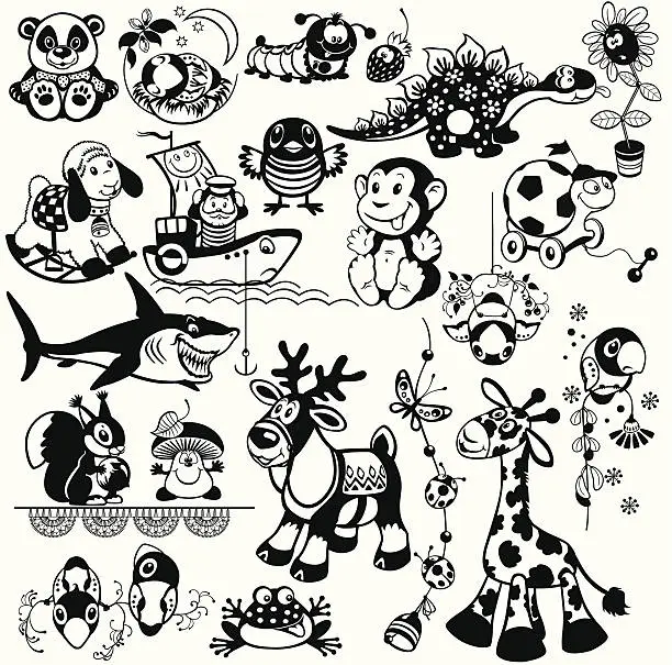 Vector illustration of black white set with toys animals