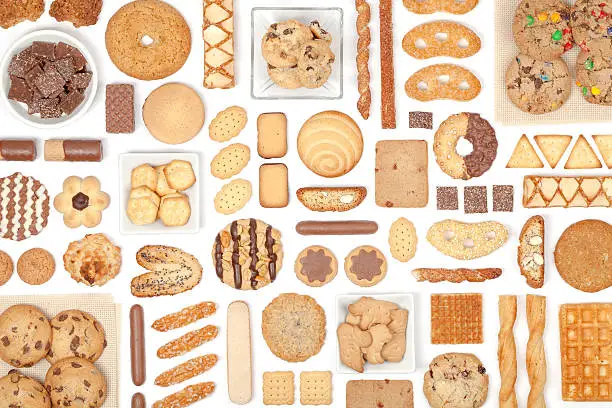 large cookies selection on white background top view