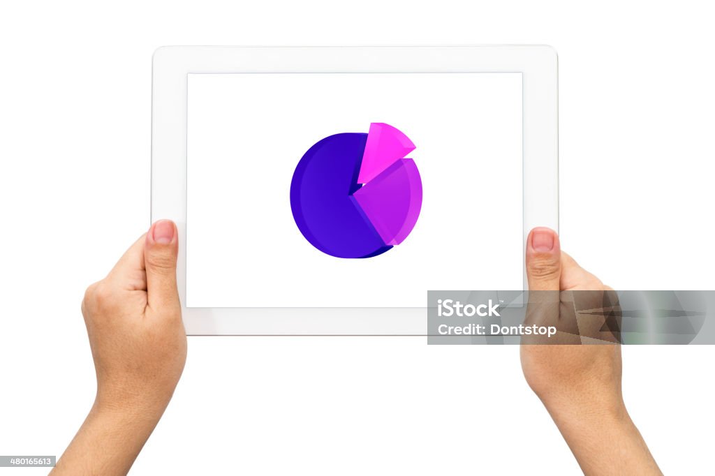 Pie chart , hand with tablet Pie chart , hand with tablet , isolated on white Diagram Stock Photo