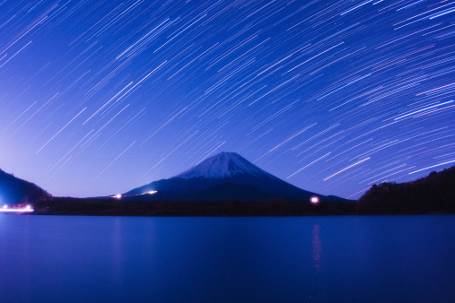 Mount Fuji, Lake Shojiko and star trails of winter stars