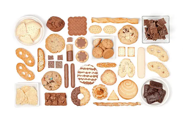 large cookies selection on white background top view