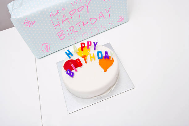 istock High angle view of birthday cake and gift on table 480167743