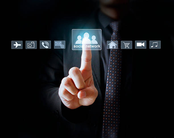 istock Businessman pressing virtual icons 480169424