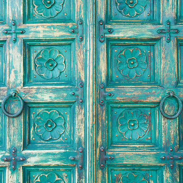 istock Wood door green color 480171033