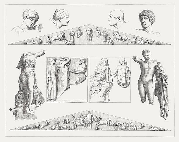 illustrazioni stock, clip art, cartoni animati e icone di tendenza di opere d'arte dalla il tempio di zeus a olimpia, pubblicata 1880 - zeus olympia statue god