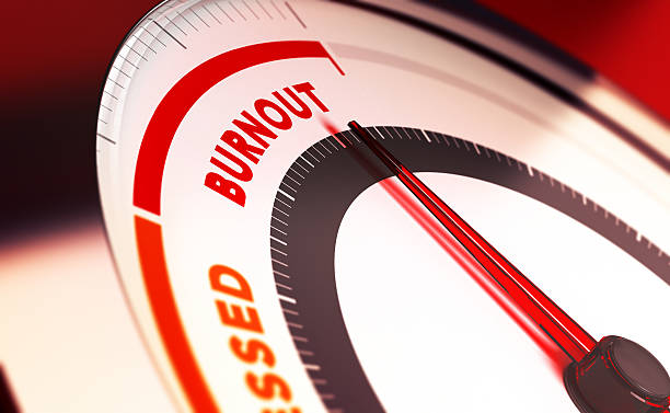 Overwork and Burnout Concept Burnout meter with needle pointing very close to critical position limit. 3D concept for overwork and intellectual exhaustion. mental burnout photos stock pictures, royalty-free photos & images