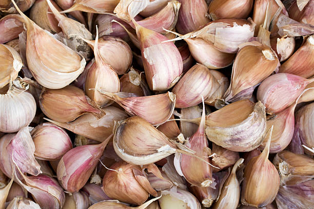 Crop of garlic background. Closeup. stock photo