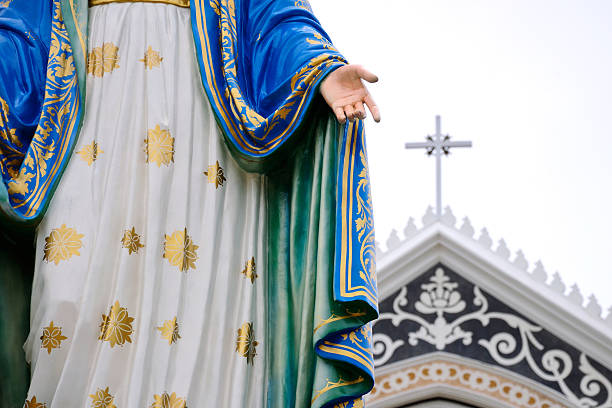 hand of statue maria and church