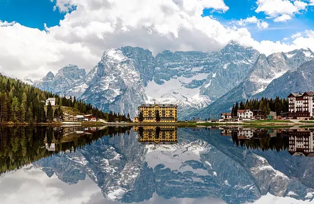 The reflection of Lake Misurina, Dolomites, Italy