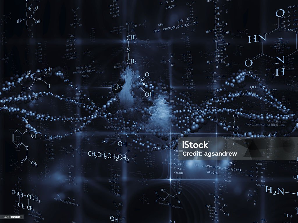 Chemistry Backdrop Molecular Dreams series. Arrangement of conceptual atoms, molecules and fractal elements on the subject of biology, chemistry, technology, science and education Abstract Stock Photo