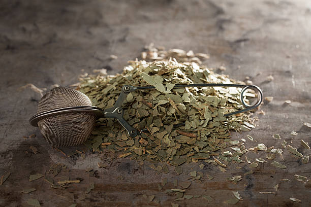 Eucalyptus Tea and tea-strainer on a metal texture stock photo