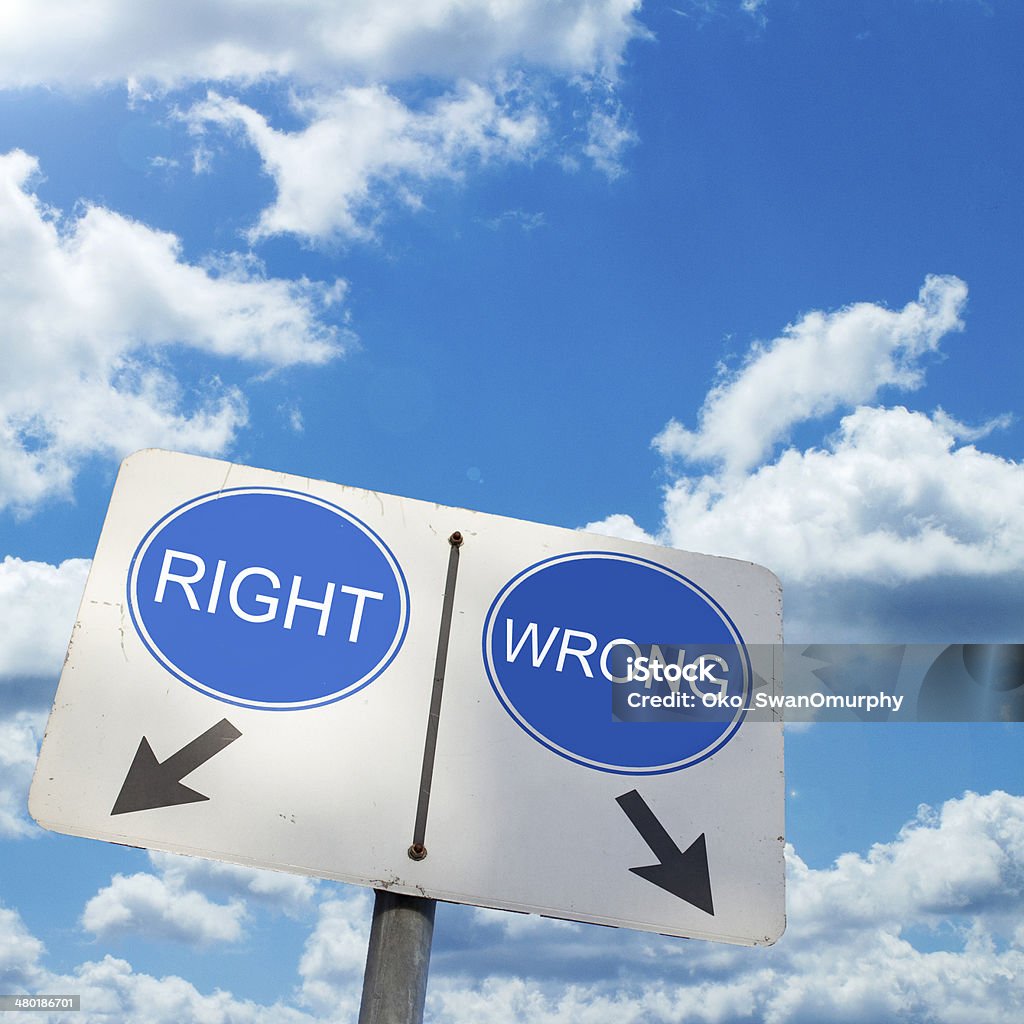 RIGHT - WRONG RIGHT - WRONG Concept : Road sign over blue sky with clouds - square Mistake Stock Photo