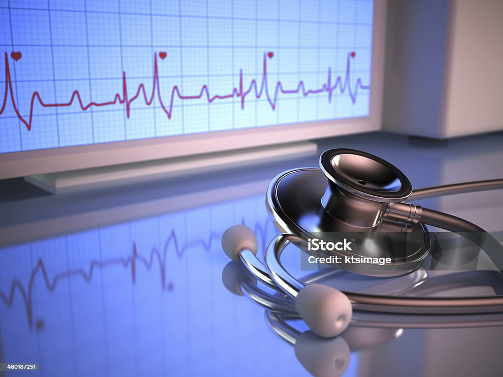 Pulse Stethoscope in front of the heartbeat monitor. Emergency Medicine Stock Photo