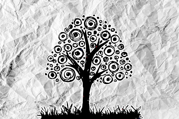 Set of trees with leaves on crumpled paper