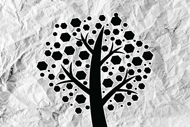 Set of trees with leaves on crumpled paper