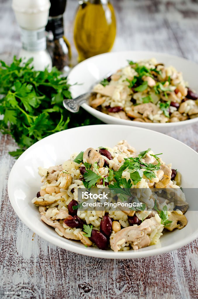 Chicken and bean risotto Risotto with boiled chicken meat and beans 2015 Stock Photo