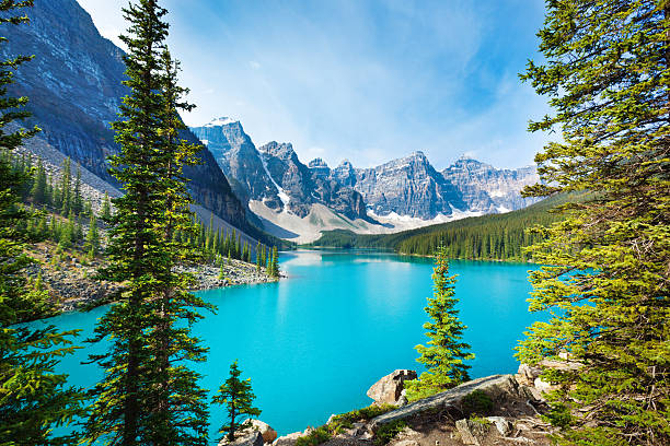 lago moraine no parque nacional de banff alberta, canadá - moraine imagens e fotografias de stock