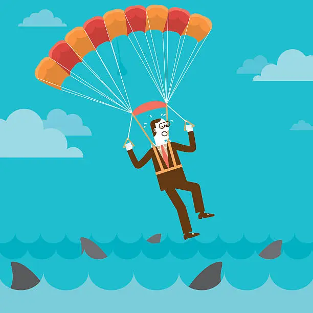 Vector illustration of Parachuting Businessman On Shark Infested Water | New Business Concept