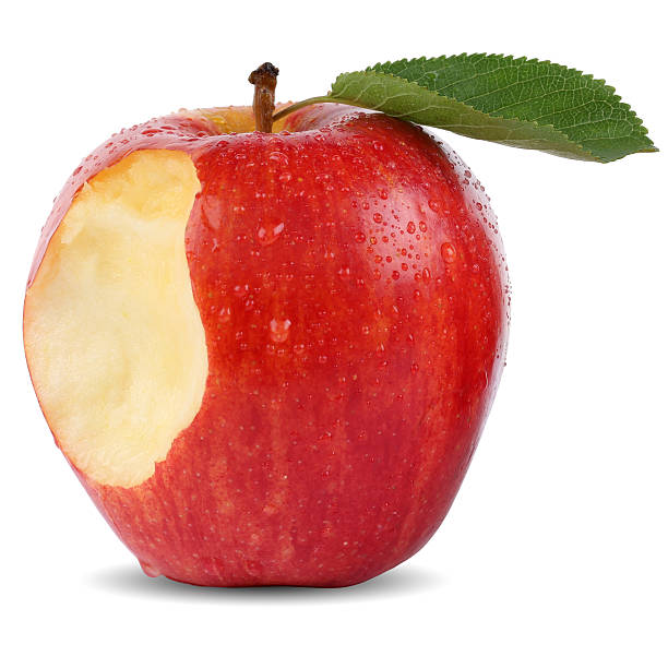 bitten czerwone jabłko owoc nadgryziony pojedyncze - apple biting missing bite red zdjęcia i obrazy z banku zdjęć