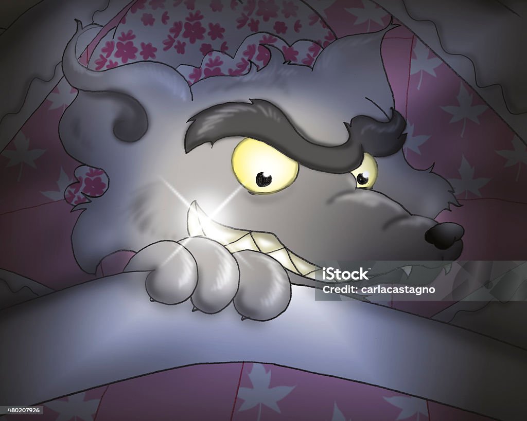 Big bad wolf Close up of the bad wolf with an evil smile He wears the grannys hat and lays in grannys bed. Digital illustration of Little Red Riding Hood tale. 2015 stock illustration