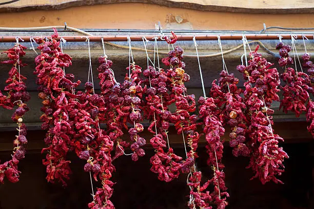 Red chili pepper strands hung to dry. Shot in Rome, Italy.