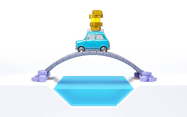 small retro travel car on bridge