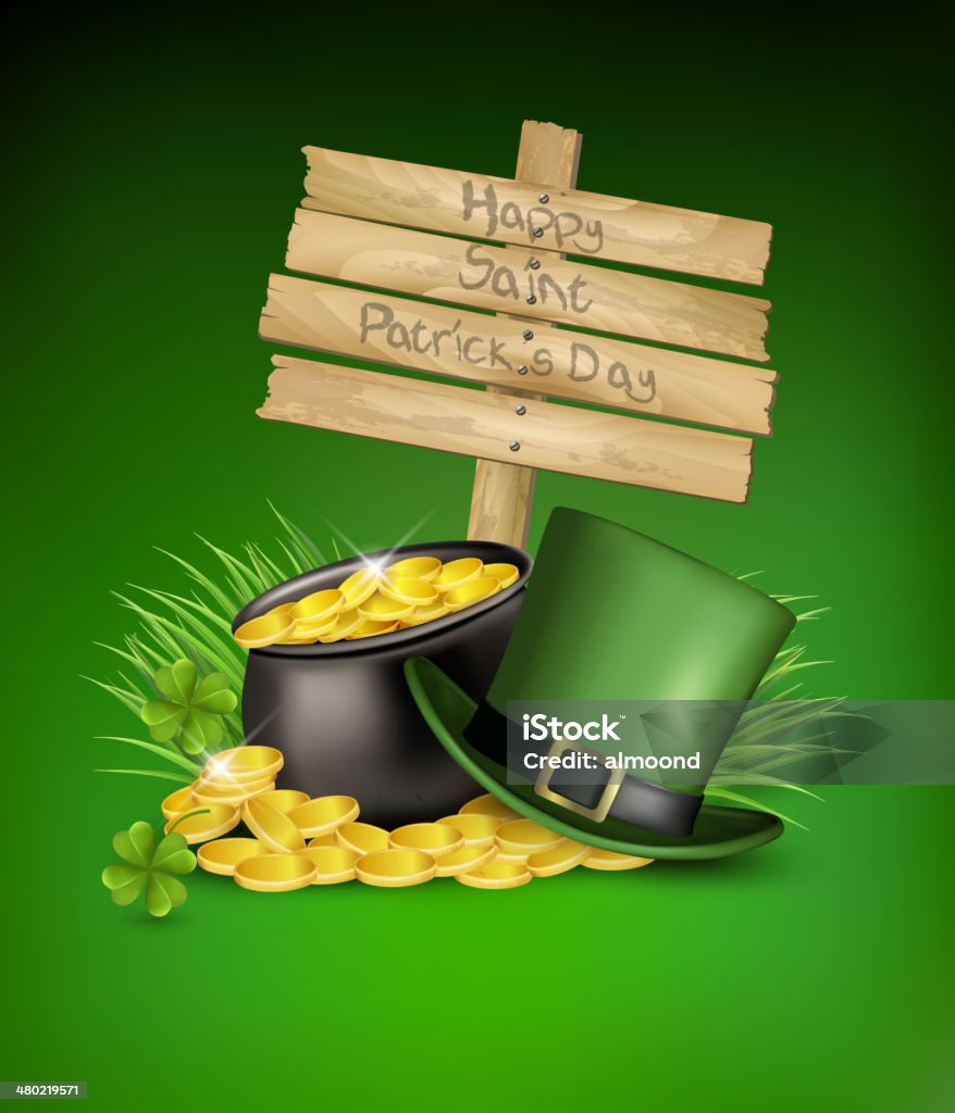 Fundo de dia Saint Patrick com um sinal de trevo folhas, verde - Royalty-free Chapéu arte vetorial