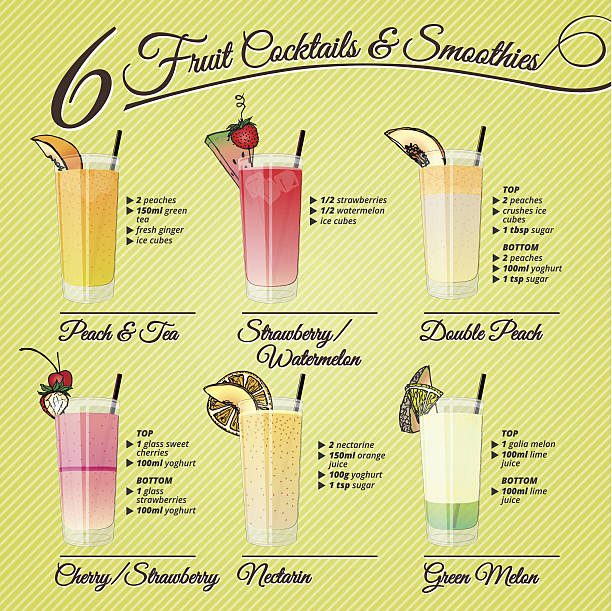 FRESH FRUIT COCKTAILS & SMOOTHIES Healthy cocktails and smoothies recipes and vector illustrations with fruit decorations. green apple on green background stock illustrations
