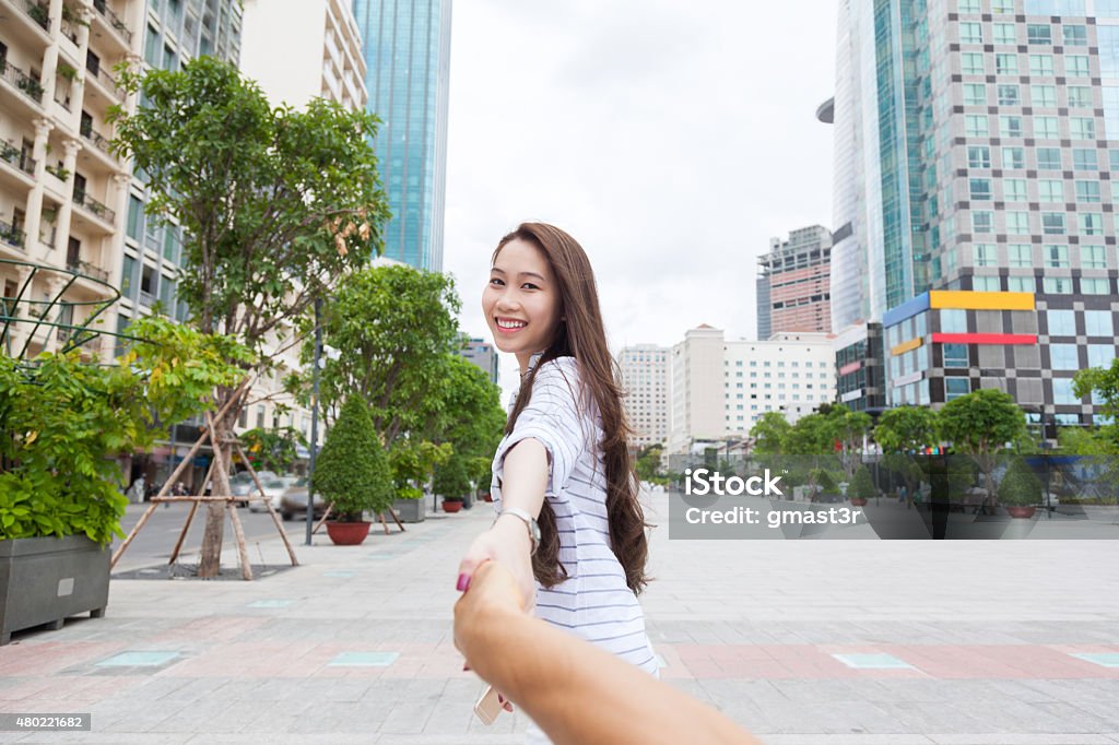 Asian Woman Holding Man Hand Happy Smile Leads Asian Woman Holding Man's Hand Happy Smile Leads Walk City Street Dating Stock Photo