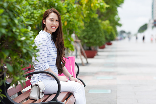 Asian Woman Smile Sitting Bench Summer City Street