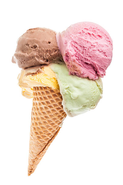 grande scoop gelato con quattro palline colorate ghiaccio - cono foto e immagini stock