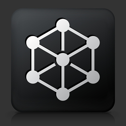Black Square Button with Chemical Compound Icon. This royalty free vector image features a white interface icon on square black button. The vector button has a bevel effect and a light shadow. The image background is dark grey and the button has a light reflection.