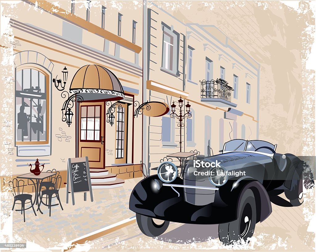 Retro car is in the street Series of vintage backgrounds decorated with retro cars and old town views 1950-1959 stock vector