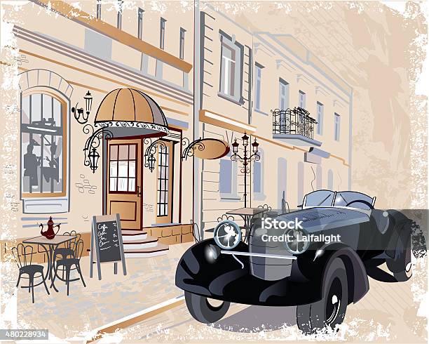 Retro Car Is In The Street Stock Illustration - Download Image Now - 1950-1959, Car, Sketch
